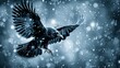 A black bird of prey with feathered wings soars through the snowy air