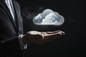 Businessman touching cloud technology icon, Business man holding virtual glowing white Clouds with network connection in his hand on a black background, Concept of online storage Generative AI