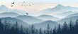 Beautiful natural landscape with trees with green foliage. You can also see mountains on the horizon and birds flying above the mountains. AI generated illustration