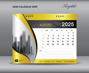 Calendar 2025 template gold concept, August 2025 template, Desk calendar 2025 year on gold backgrounds luxurious concept, Wall calendar design, planner, printing media, flyer, vector