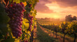 Bright ripe light grape on a branch overlooking a sunset landscape with vineyards