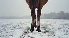 A Photo Of A Majestic Horses Hooves With Strong Muscles Standing On A Snowy White Field.