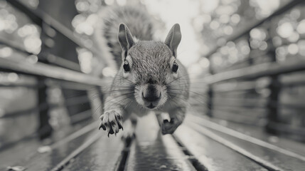 Wall Mural - A photo of a playful squirrels ears with tiny hairs jumping on a shiny silver metal fence.