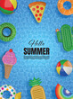 hello summer poster with 3d colorful inflatables on pool water texture	