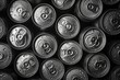 Monochrome color Abstract pattern many soda drinks cans top view on dark background. Recycling aluminum or metal empty cans from above. Group of cans for reuse and recycle.