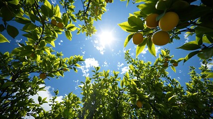 Wall Mural - A sunny image of a lemon tree with yellow lemons hanging heavily from its branches, their bright colors vibrant against the lush green leaves, capturing the essence of a fruitful summer day.