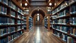 Serene Academic Sanctuary: Library Aisles with Focus on Infinite Knowledge. Concept Academic Inspiration, Quiet Study Spaces, Library Collection, Scholarly Pursuits, Education Exploration