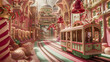 A state-of-the-art candy production facility with intricate mansions made of toffee and New Years bells made of candy.