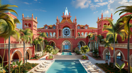 Wall Mural - A stunning red palace with large windows and arches. on the front of it is an impressive crystal clock face. The building has palm trees around its edges and there is a pool in front.