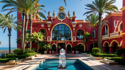 Wall Mural - A stunning red palace with large windows and arches. on the front of it is an impressive crystal clock face. The building has palm trees around its edges and there is a pool in front.