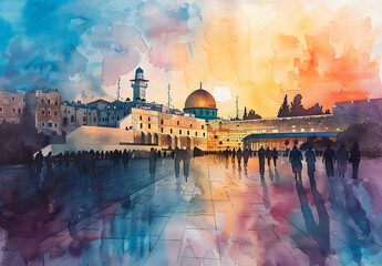 Wailing Wall in Jerusalem, Israel with watercolor buildings and sunset sky in the backdrop - popular tourist destination with religious significance.
