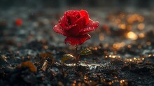 A Beautiful Red Rose With Water Droplets, A Flowering Plant Growing In The Soil