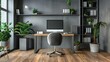 Stylish Minimalist Workspace with Lush Greenery. Concept Workspace Design, Minimalist Style, Greenery Decor, Stylish Workspace, Home Office Ideas
