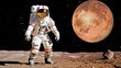 Astronaut on the moon, facing full moon, in front of astronomical object