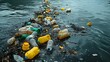 Plastic bottles floating on water, harming nature at the lake