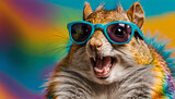 Fototapeta  - Cute colorful squirrel with sunglasses. Advertising, banner, discount, party. Screaming rodent, furry animal.