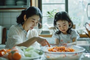 Korean mother and daughter prepare kimchi. Parenting, cooking together. Care. Asia