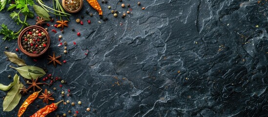 Wall Mural - Top view of herbs and spices on a black stone background, with empty space for text.
