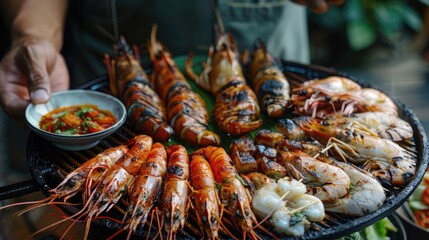 Sticker - chef presenting a platter of grilled seafood, including prawns, squid, and fish, seasoned with Thai spices and served with dipping sauces.