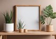 Room interior with mock up photo frame on the brown bamboo shelf with beautiful plants. Interior poster mockup with vertical wood