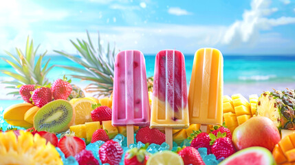 Colorful fruit popsicles with tropical fruits. Vibrant summer vibe background. Sunny beach scene with clear blue water. AI generated illustration.