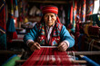 South American senior woman weaving on an antique artisanal loom