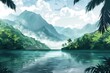 peaceful mountain landscape with jungle and water cinematic illustration concept illustration