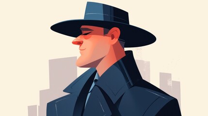 Poster - An elegant man sporting a stylish hat and a sleek black coat exuding fashion savvy with a confident smile This sophisticated male portrait is depicted in a charming flat cartoon style showc