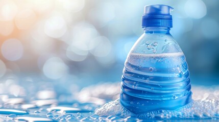 Wall Mural - A bottle of water is sitting on top of a pile of bubbles, AI