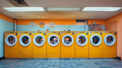 Sticker - A row of yellow laundry machines in a room with blue tiles, AI