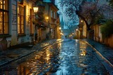 Fototapeta Fototapeta uliczki - : A narrow cobblestone street wet with rain, reflecting the soft glow of street lamps