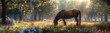 A horse peacefully grazing in a field filled with colorful flowers