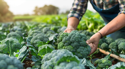 Wall Mural - A farmer harvesting broccoli in the vegetable garden, close up on hands picking green broccoli from the ground at a plantation