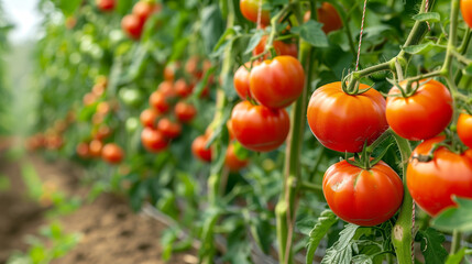 Wall Mural - Tomatoes growing on vines in an organic farm, with a blurred background