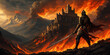 A fantasy scene with a knight standing on a rocky outcropping, holding a sword and gazing towards a castle perched atop a mountain range, with volcanic eruptions occurring in the background.