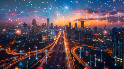 Wall Mural - An urban horizon at twilight with high-rises and crowded roads. interconnected by luminous data links that construct a detailed matrix of tech and creativity