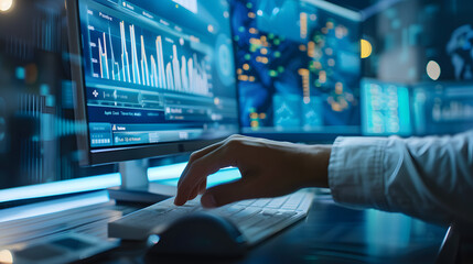Big data. Digital advancement. Systems analyst using a desktop computer with AI. information security