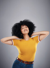 Canvas Print - Woman, clothes and afro of fashion, relax and smile for tshirt, stylish and confidence of girl. Aesthetic, happy and female person in dark background, pride and hair for model, cheerful and studio