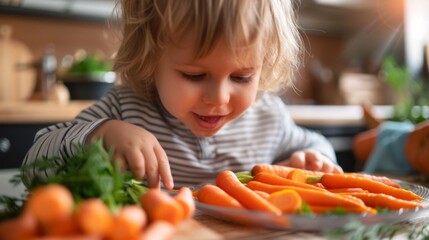 Poster - A little boy is eating carrots from a plate on the table, AI