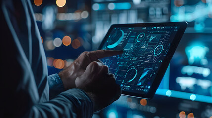 Data science. Digital technology. Computer programmer using digital tablet computer with AI. cyber security