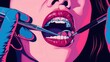 © keiron - Pop art dental hygiene checkup woman teeth cleaning in dentist office, pink blue illustration