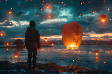 Wall Mural - a person releasing a lantern into the night sky, symbolizing the freedom of releasing worries and fe