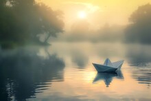 : A Single Paper Boat Floating Down A Gently Flowing, Misty River At Dawn.