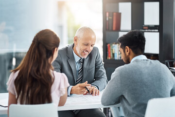 Poster - Feedback, document and teamwork in office, smile and collaboration with employees, deal and presentation. Advice, boss and meeting for plan, men and woman in project management and corporate or job