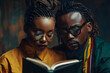 © ELmidoi-AI - An image featuring a black man and woman reading a book in honor of Black History Day, with an African flag in the background.