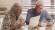 Elderly couple, laptop and kitchen for research, financial budget and online investment for mortgage payment in retirement. Man, woman and serious with tech and paperwork or planning internet banking