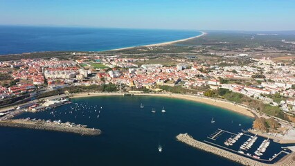 Wall Mural - Aerial panorama of the city of Sines, Setubal Alentejo Portugal Europe. Aerial view of the old town fishing port, historic center and castle. 