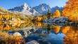 A pristine mountain lake reflecting the towering peaks and clear blue sky above, creating a mirror-like surface that mirrors the beauty of nature.