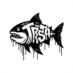 Wall Mural - piranha fish silhouette, animal graffiti tag, hip hop, street art typography illustration.