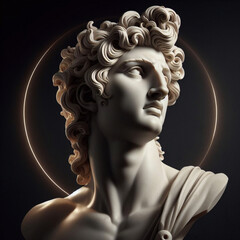 Portrait of a plaster statue of Apollo isolated on black. Gypsum statue of Apollo's bust. Greek god statue. Male statue of a Roman deity, muscular Apollo in Olympus.